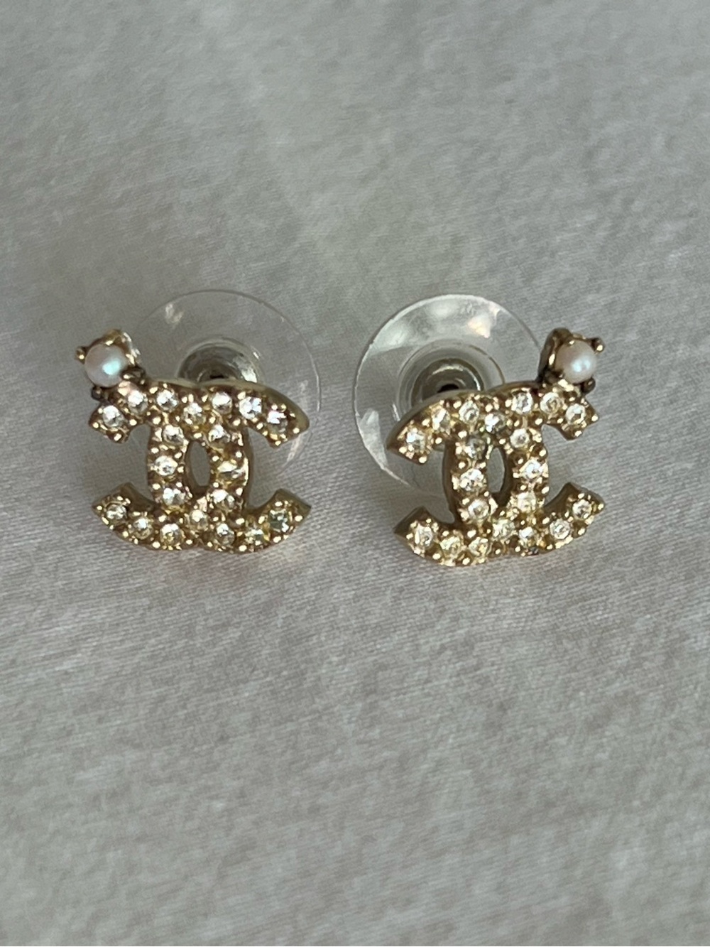 CHANEL Gold Crystal CC Stud Earrings with Pearl Accent